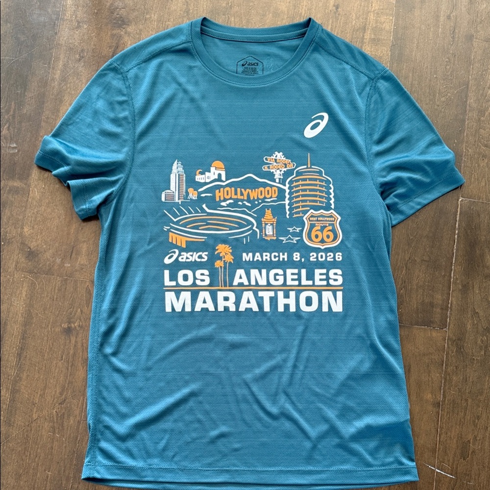 Asics Teal Los Angeles Marathon Graphic Tee with White & Orange Print